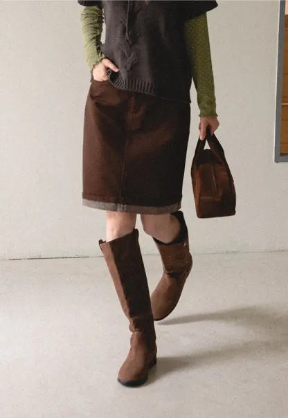 Rolled Hem Denim A-Line Skirt