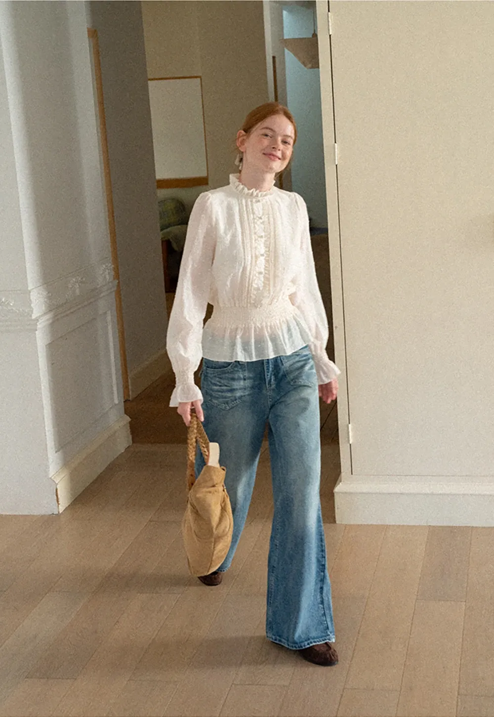 Ruffled Collar Smocked Waist Blouse