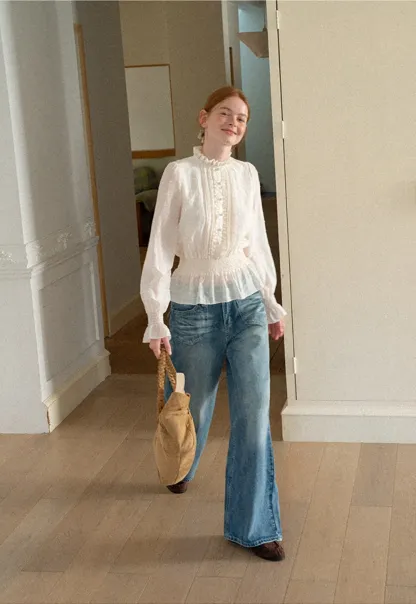 Ruffled Collar Smocked Waist Blouse