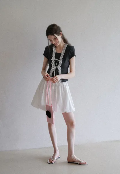 Short Sleeve Ruffle Crop Top with Bow Detail