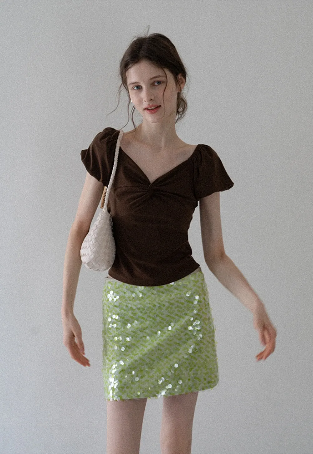 Sweetheart Twist Puff-Sleeve Knit Top