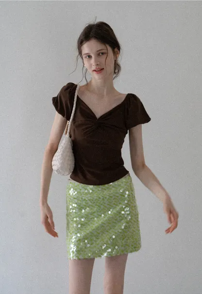 Sweetheart Twist Puff-Sleeve Knit Top