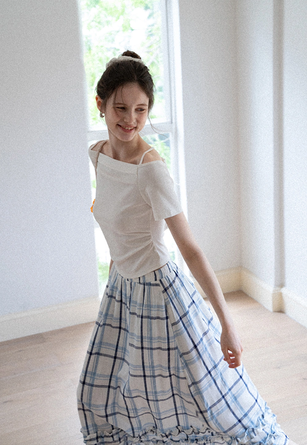 Blue-Check Ruffled Hem Midi Skirt