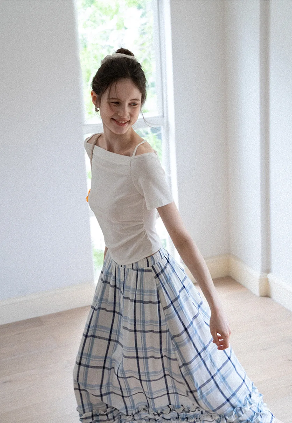 Blue-Check Ruffled Hem Midi Skirt
