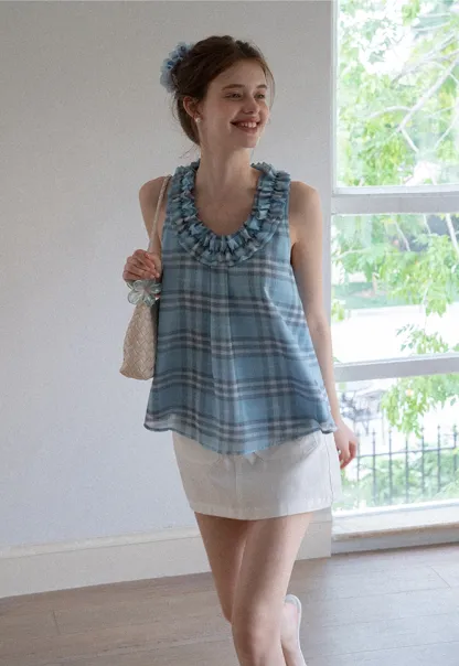 Women’s Ruffle Trim U-Neck Plaid Tank Top