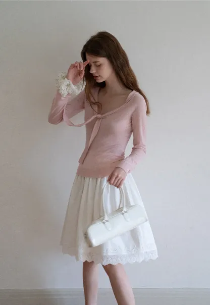 Women's High Waist A-Line Lace Hem Midi Skirt