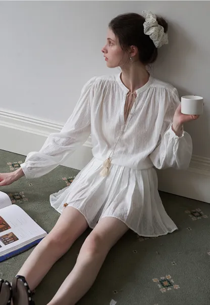 Women's Boho Tassel Tie Hollow Out Long Sleeve Shirt & Pleated Skirt Set