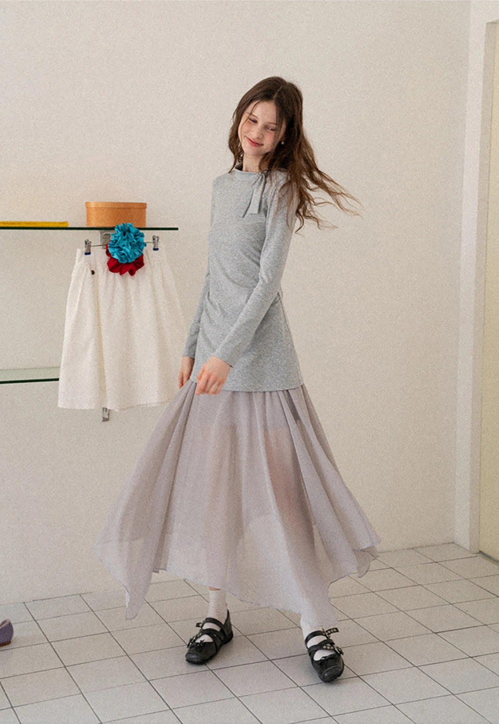 Tie Neck Long Sleeve Top and Asymmetrical Chiffon Skirt Set