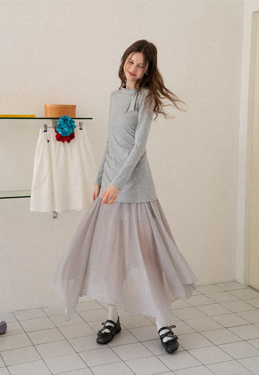 Tie Neck Long Sleeve Top and Asymmetrical Chiffon Skirt Set