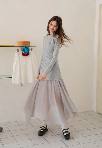Tie Neck Long Sleeve Top and Asymmetrical Chiffon Skirt Set