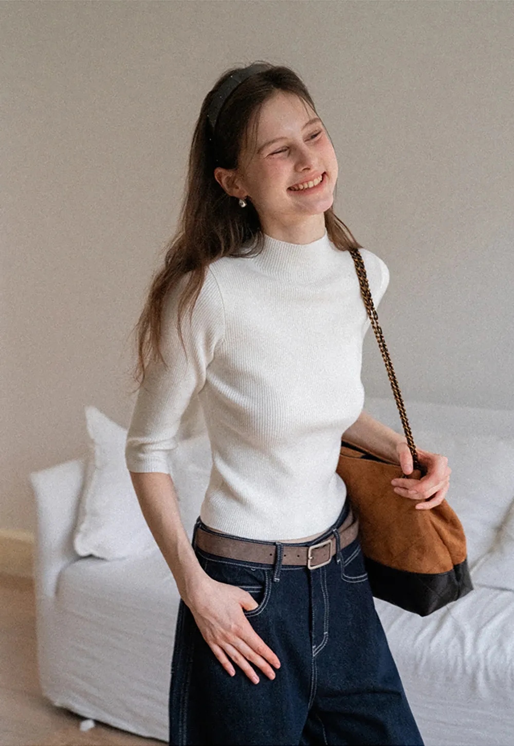 Women's Half Sleeve Mock Neck Knit Top