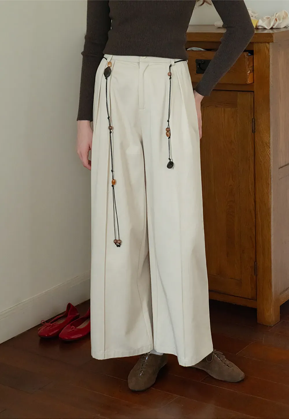 Wide-Leg Pants with Beaded Tassel Detail