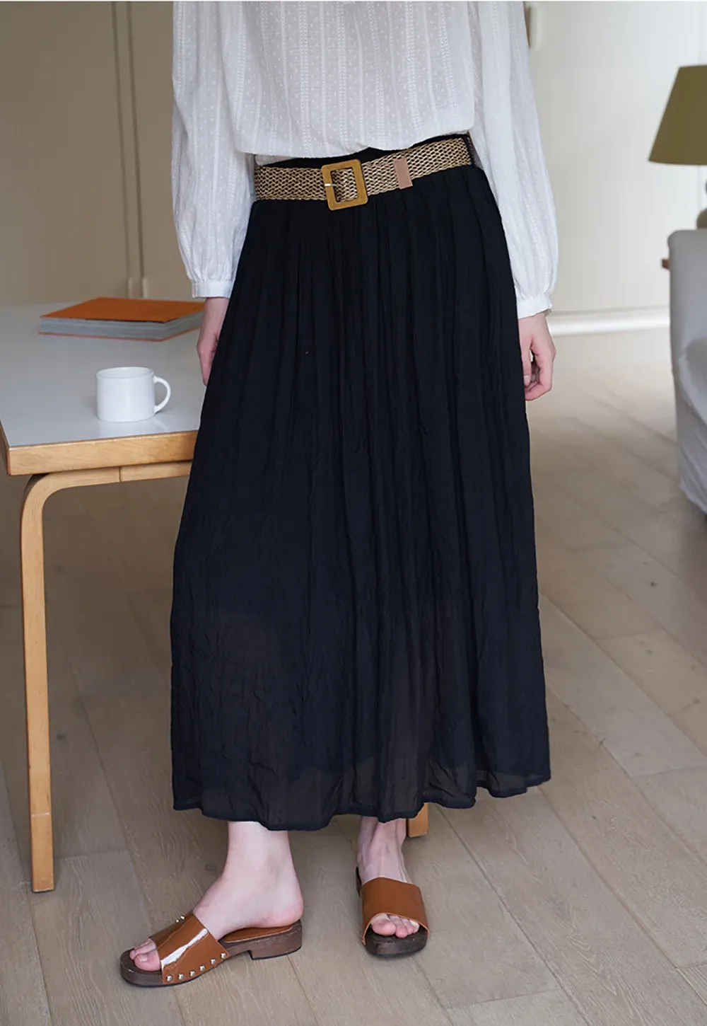 Pleated Midi Skirt with Belt