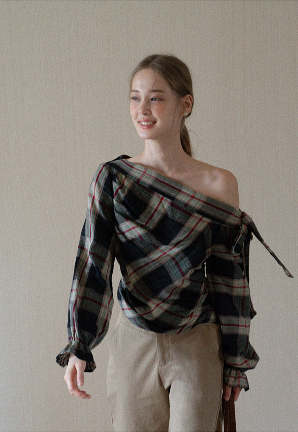 Womens Plaid Off Shoulder Tie Blouse