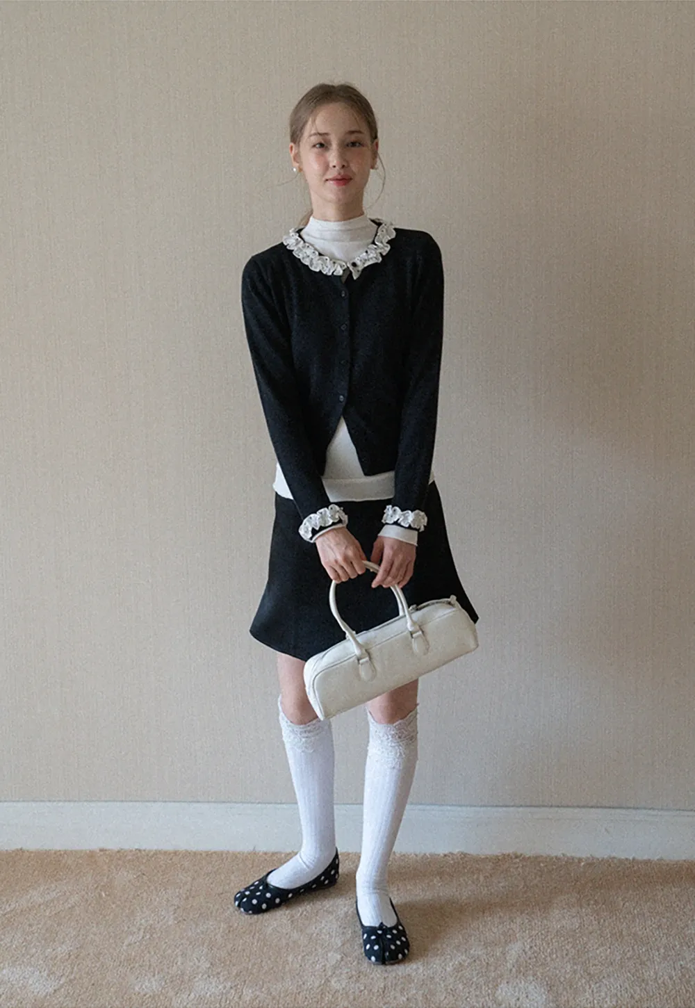 Ruffle Trim Button Down Knit Cardigan