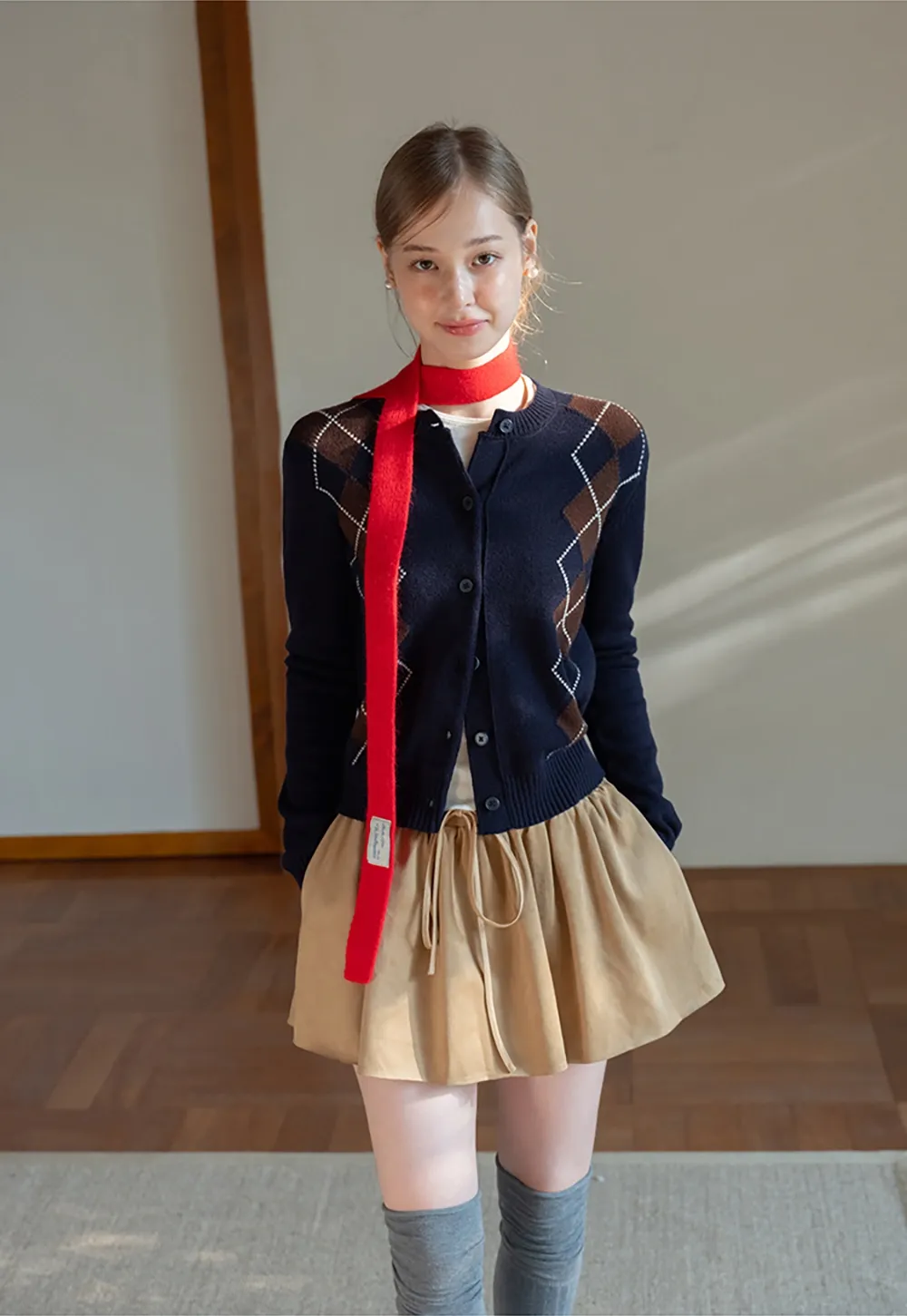 Womens Khaki Drawstring High Waist Pleated Mini Skirt