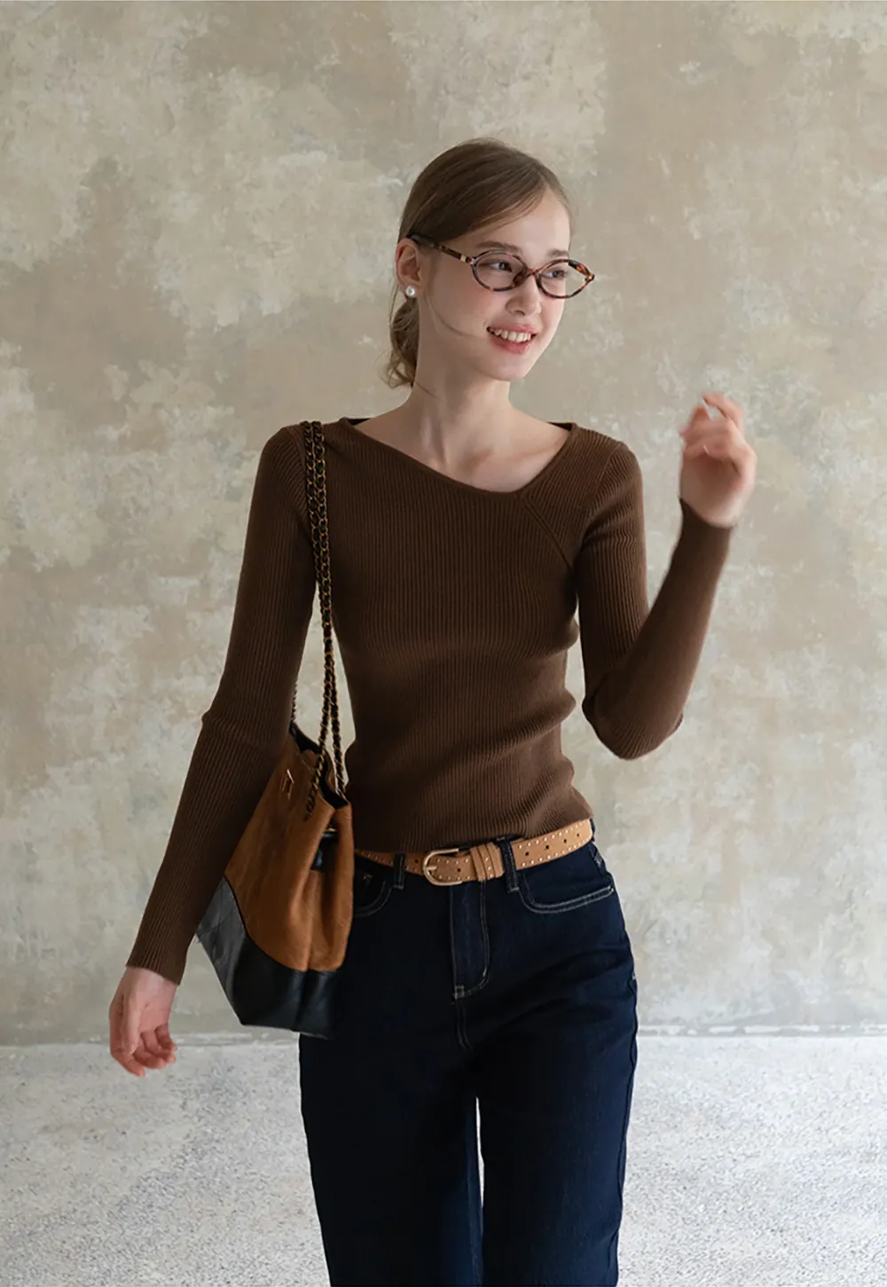Womens Asymmetric Neck Ribbed Knit Long Sleeve Top