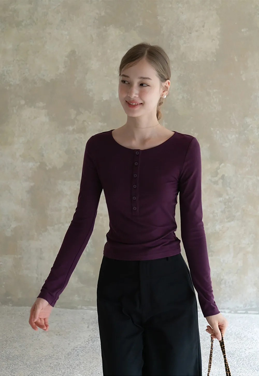 Womens Button Front Long Sleeve Henley Top