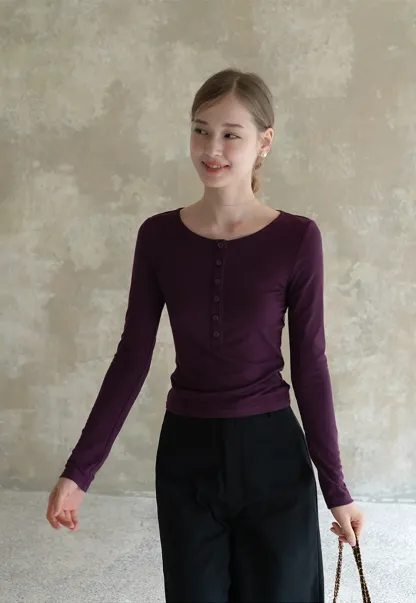 Womens Button Front Long Sleeve Henley Top