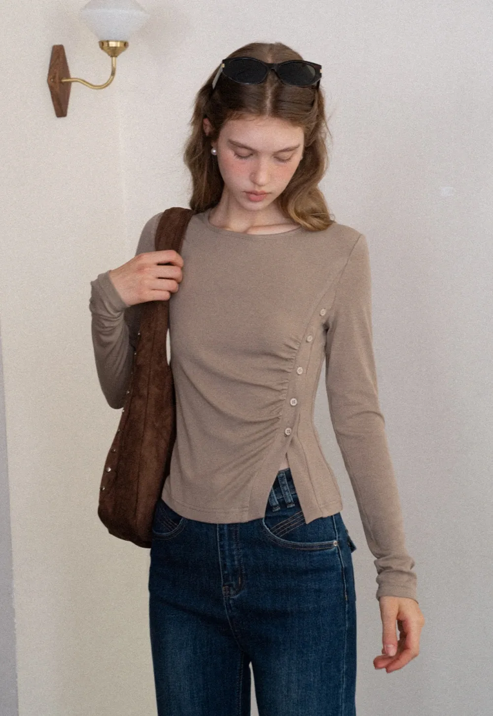 Crew Neck Long Sleeve Button Accent Top