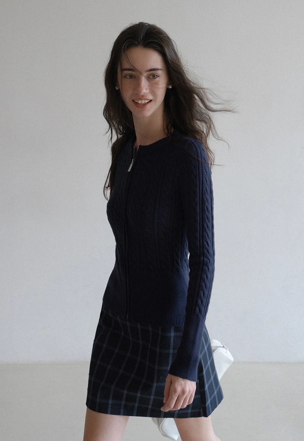 Casual Long Sleeve Cable Knit Top with Zipper