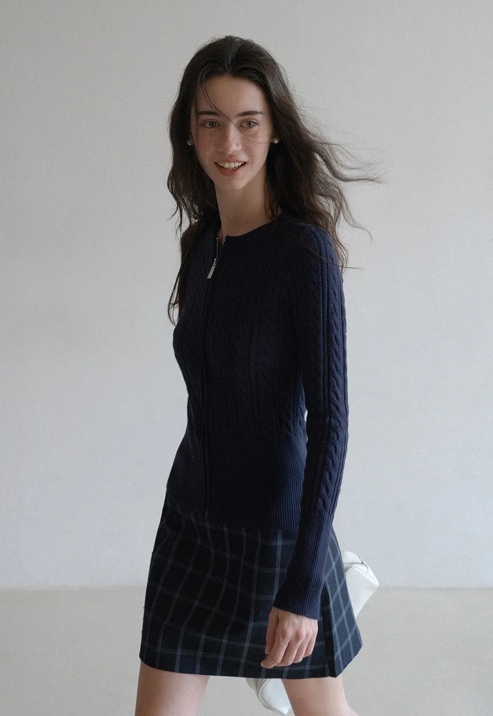 Casual Long Sleeve Cable Knit Top with Zipper