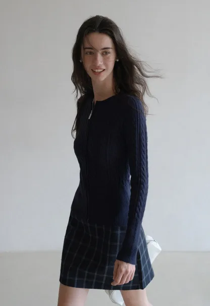 Casual Long Sleeve Cable Knit Top with Zipper