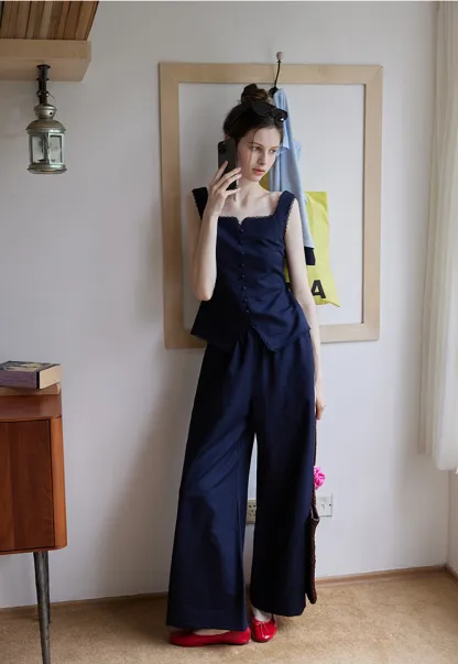 Women’s 2 Piece Set – Sleeveless Lace Trim Top and High Waist Wide Leg Pants