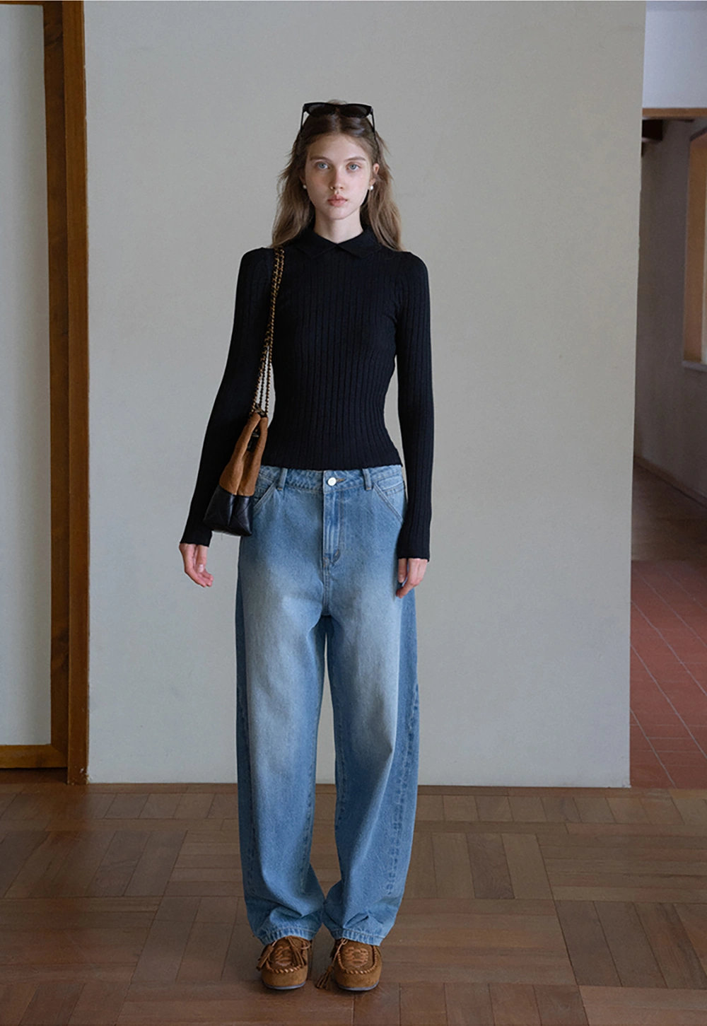 Women Classic Ribbed Knit Polo Long Sleeve