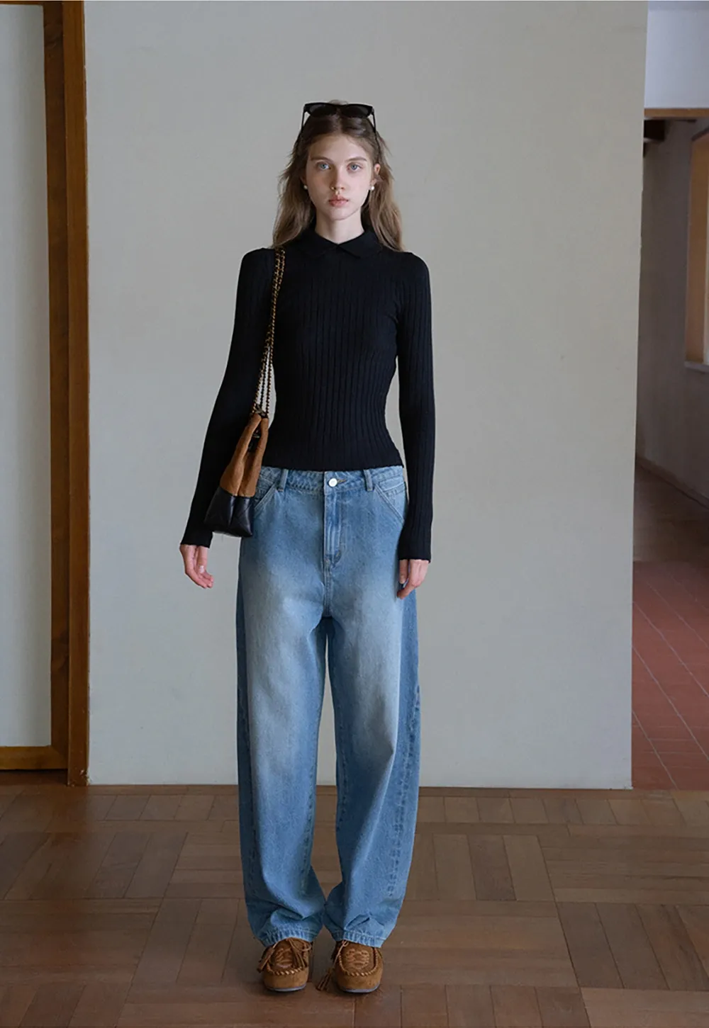 Women Classic Ribbed Knit Polo Long Sleeve