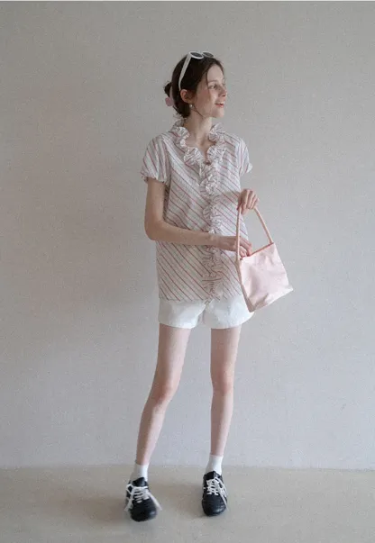 Women’s Ruffle Trim Striped Short Sleeve Blouse