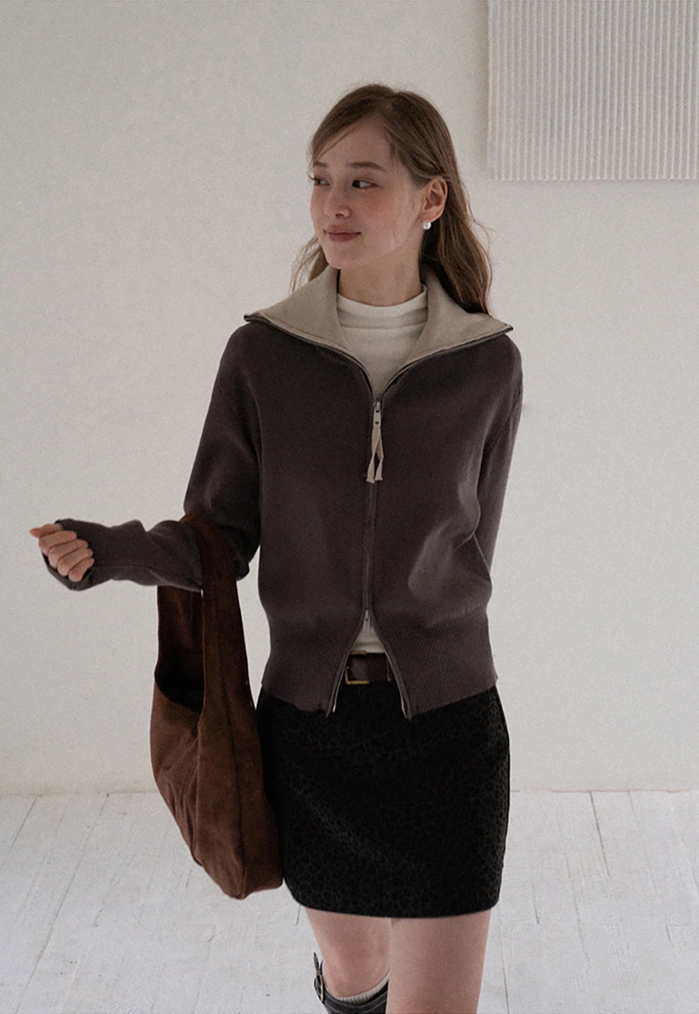 Women’s Zip-Up Knit Cardigan with High Collar