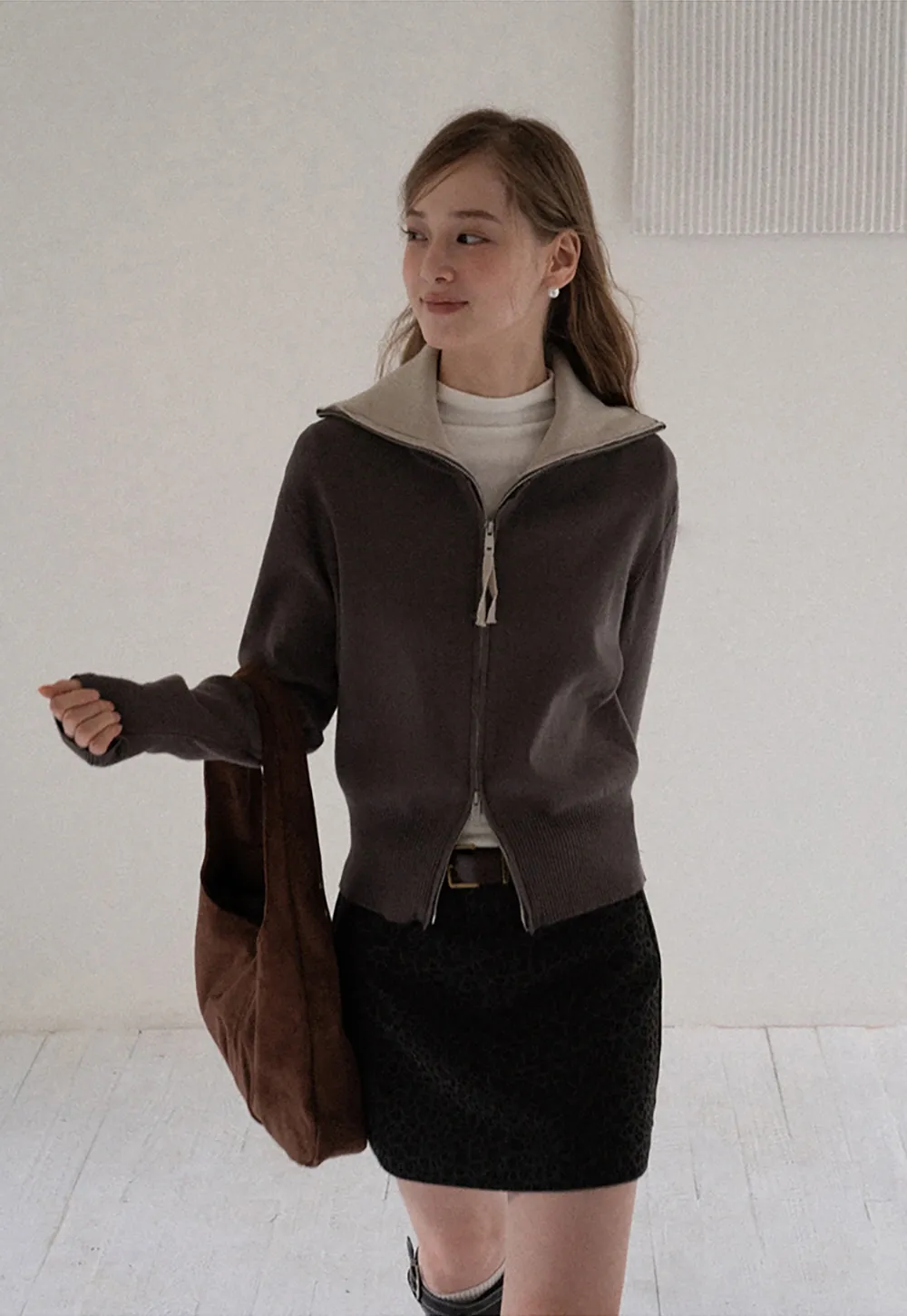 Women’s Zip-Up Knit Cardigan with High Collar