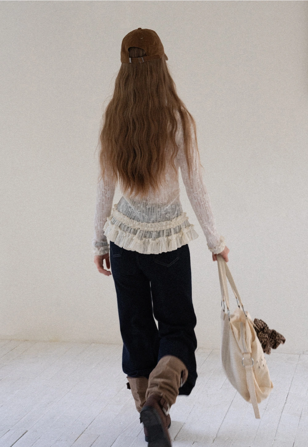 Women High Neck Long Sleeve Lace Top with Layered Ruffle Hem