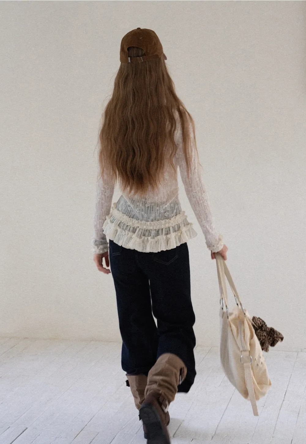 Women High Neck Long Sleeve Lace Top with Layered Ruffle Hem