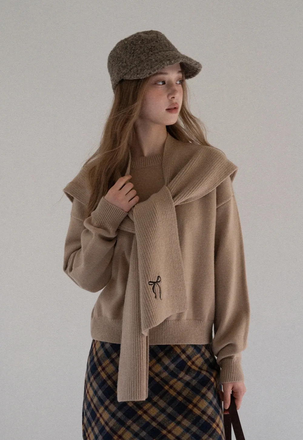 Women Faux Layered Sweater with Scarf Collar