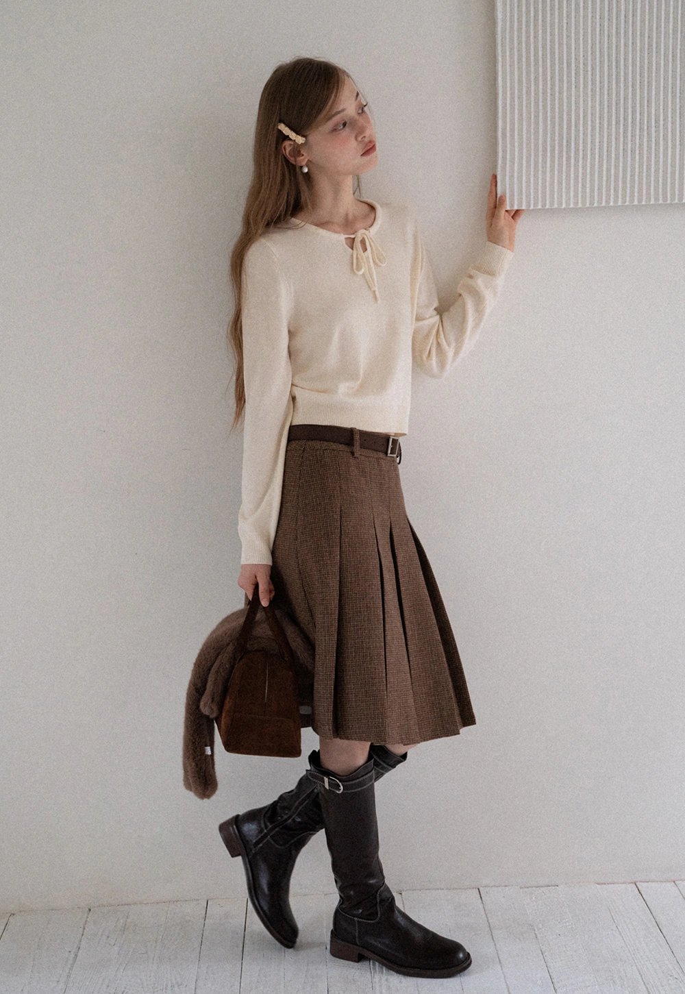 Women Sweet Style Bow Tie Long Sleeve Knitwear