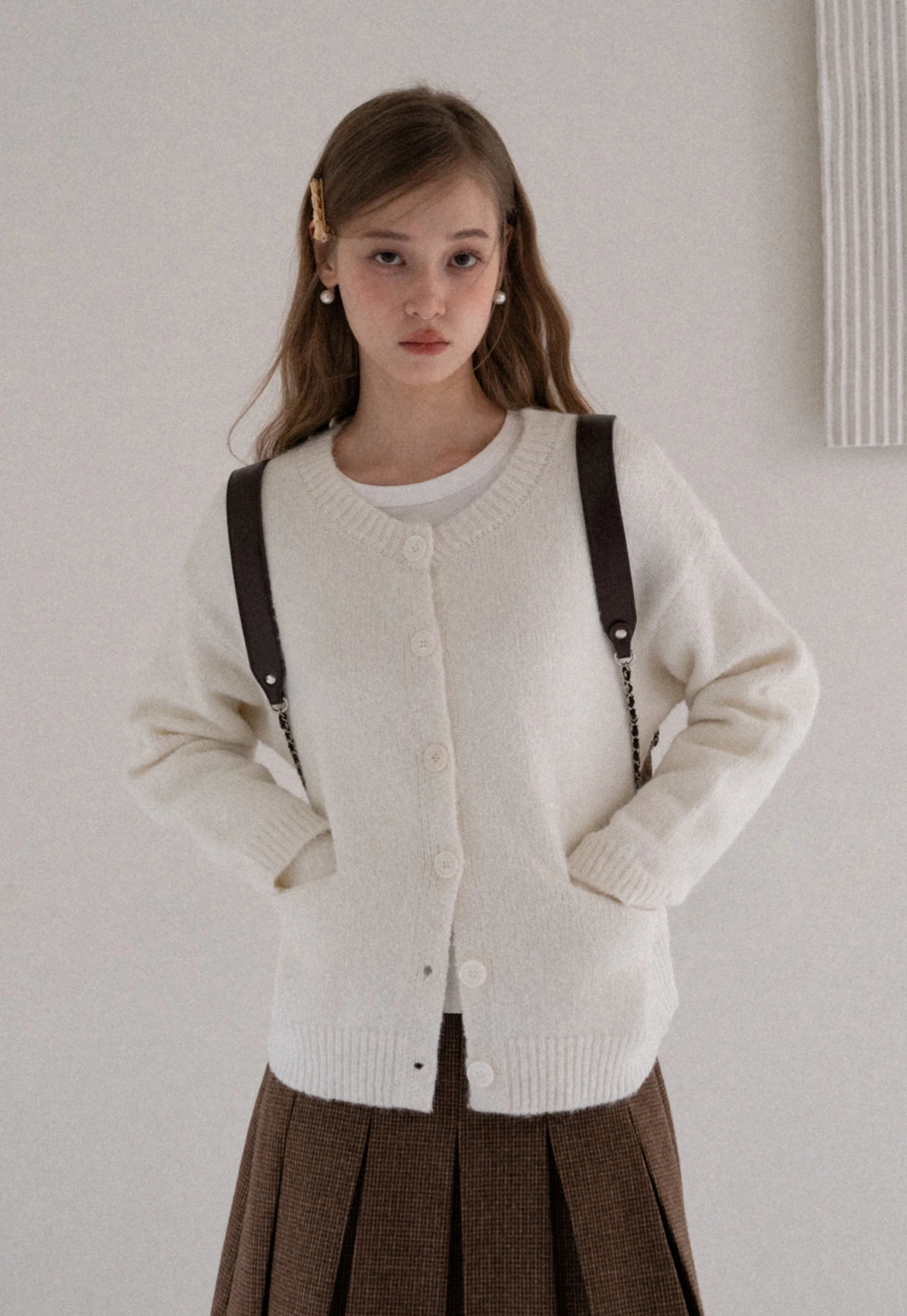 Women Basic Cream Knit Cardigan Casual Warm Sweater