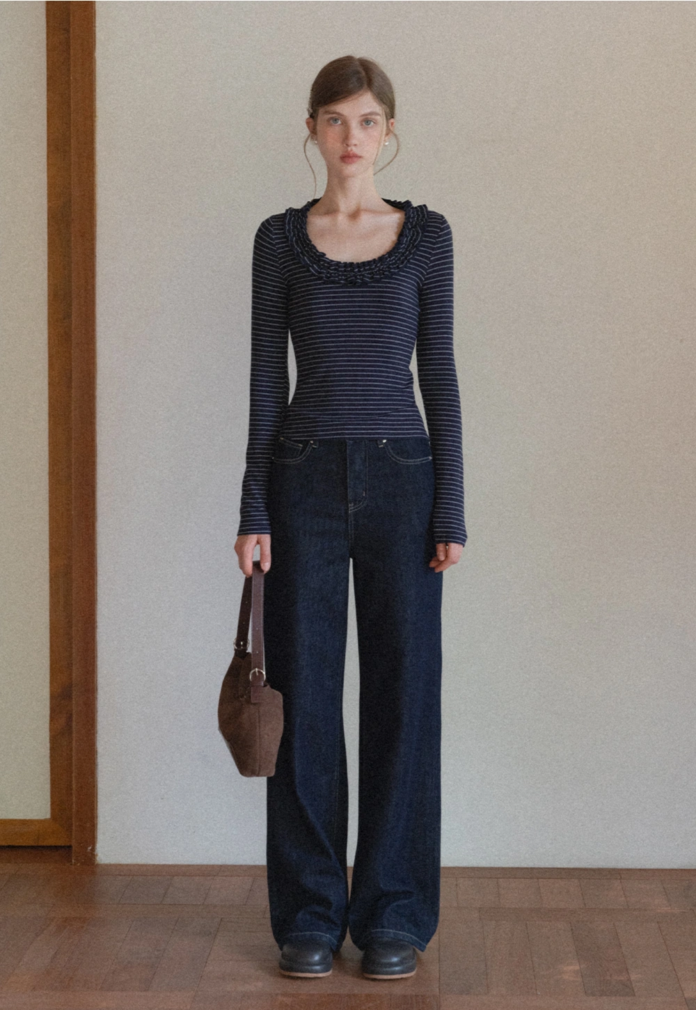 Women Striped Long Sleeve Tee with Ruffled Neckline