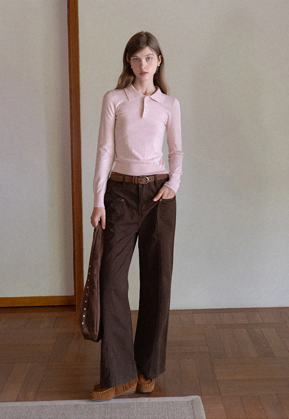 Women Soft Knit Polo Sweater Long Sleeve Pullover