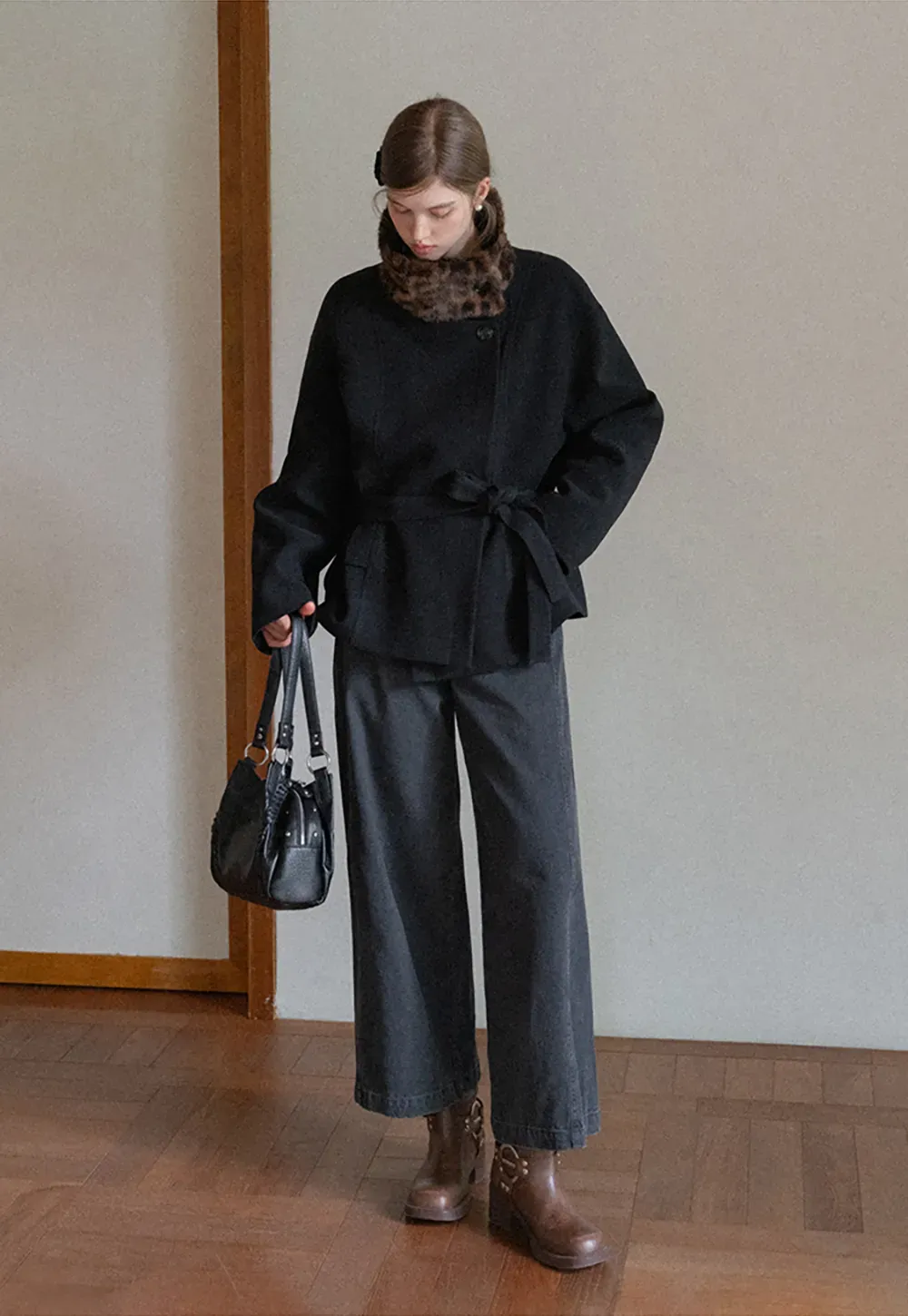 Faux Fur Trim Belted Wool Coat