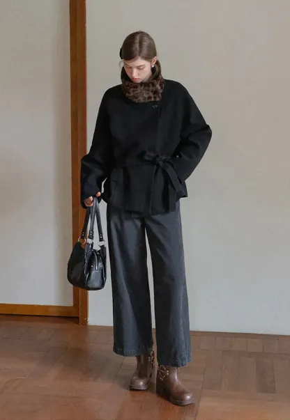 Faux Fur Trim Belted Wool Coat