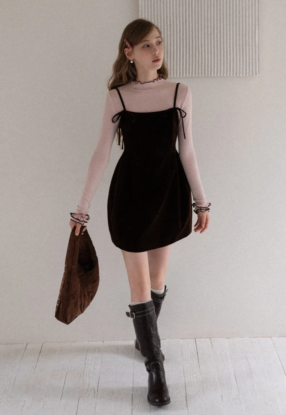 Ruffle Trim Mock Neck Long Sleeve Top