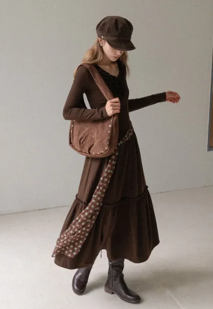 Women Long Sleeve Ruffle Neck Vintage Maxi Dress