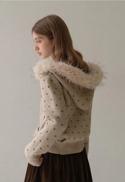 Vintage Knit Hooded Cardigan Women Faux Fur Coat