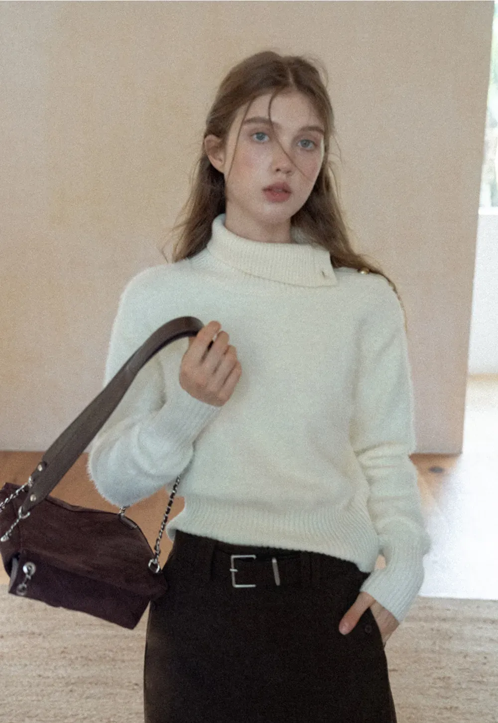 Button Shoulder Turtleneck Sweater