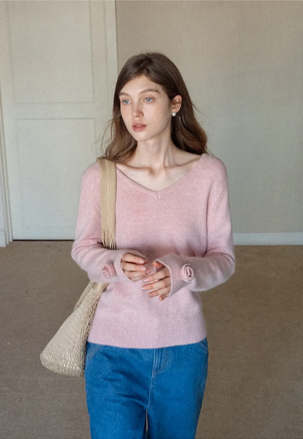 Women V-Neck Knit Sweater with Bow Cuff Detail