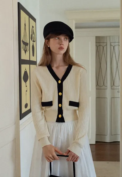 Contrast Trim Ribbed Knit Cardigan
