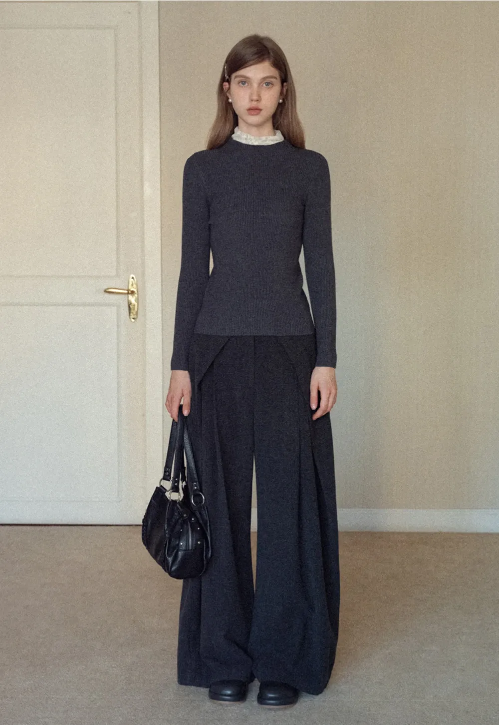 Womens Ribbed Mock Neck Top with Lace Buttons