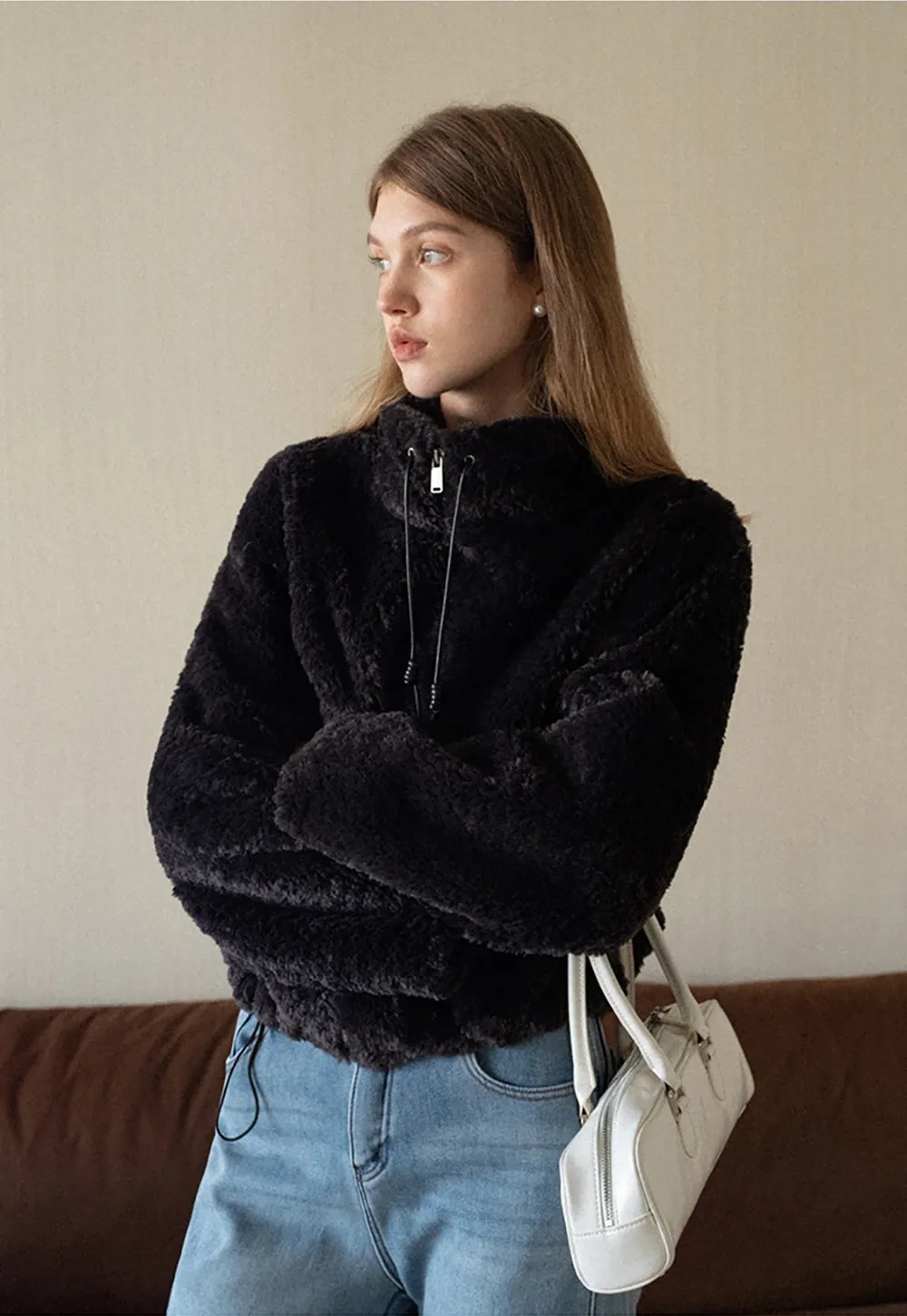 Womens Oversized Stand Collar Faux Leather and Sherpa Jacket